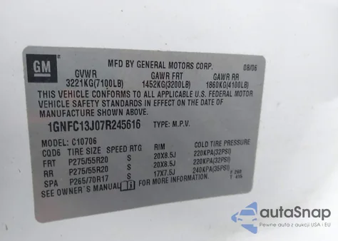 2007 Chevrolet Tahoe Ltz z USA, uszkodzony, nr VIN 1GNFC13J07R245616